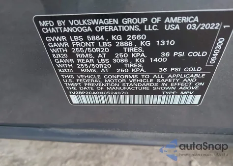 2022 Volkswagen Atlas 2.0T Sel from USA, damaged, VIN 1V2BP2CA0NC524970